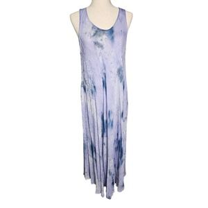 Summer Maxi Dress Blue Tie Die Rayon Sleeveless Tank Flowy Dress OS Lg
